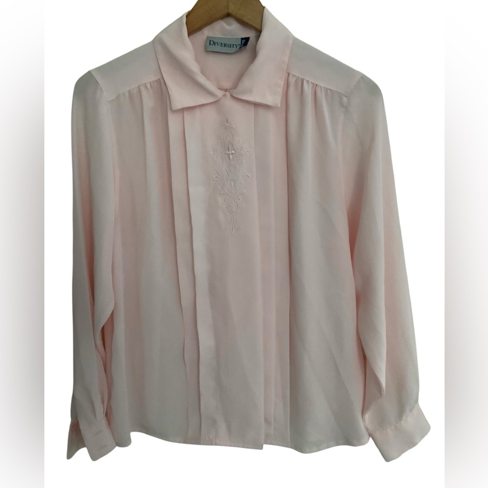 Diversity Petite Vintage Embroidered Pink  Lacey Blouse Size 12P Cottage